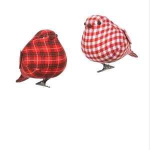 Fabric Birds Set of 2 Red Check and Plaid Bottom Clip Ornament Decor NWOT